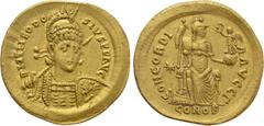 Roman Imperial Coins THEODOSIUS I (379-395). GOLD Solidus. Constantinople. Obv: D N THEODOSIVS P F AVG. Diademed, helmeted and cuirassed bust facing slightly right, holding spear and shield decorated 