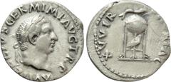 Roman Imperial Coins VITELLIUS (69). Denarius. Rome. Obv: A VITELLIVS GERM IMP AVG TR P. Laureate head right. Rev: XV VIR SACR FAC. Tripod surmounted by dolphin right; below, raven right. RIC² 109. Co