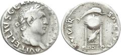 Roman Imperial Coins VITELLIUS (69). Denarius. Rome. Obv: A VITELLIVS GERM IMP AVG TR P. Laureate head right. Rev: XV VIR SACR FAC. Tripod surmounted by dolphin right; below, raven standing right. RIC