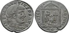 Roman Imperial Coins MAXENTIUS (307-312). Follis. Aquileia. Obv: IMP C MAXENTIVS P F AVG. Laureate head right. Rev: CONSERV VRB SVAE / AQ[P?]. Tetrastyle temple, with Lupa Romana and twins in pediment
