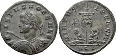 Roman Imperial Coins CRISPUS (Caesar, 316-326). Follis. Aquileia. Obv: CRISPVS NOB CAES. Laureate and cuirassed bust left, holding shield and spear. Rev: VIRTVS EXERCIT / / AQP. Vexillum inscribed VOT