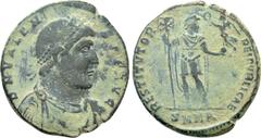 Roman Imperial Coins VALENS (364-378). Ae. Nicomedia. Obv: DN VALENS PF AVG. Diademed, draped and cuirassed bust right. Rev: RESTITVTOR REI PVBLICAE / SMNA. Emperor standing facing, head right, holdin