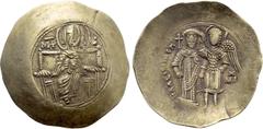 Byzantine Coins ISAAC II ANGELUS (First reign, 1185-1195). EL Aspron Trachy. Constantinople. Obv: The Virgin Mary seated facing on throne, holding bust of Holy Infant on breast. Rev: Isaac standing fa