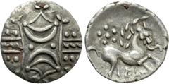 Celtic Coins WESTERN EUROPE. Britain. Iceni. Quinar(1st century BC). Obv: Two opposed crescents, ornamented with pellets. Rev: Stylised horse right; rosette abvoe. Arsdell 760-1. Condition: Very fine.