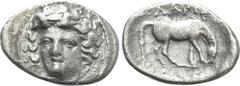 Greek Coins THESSALY. Larissa. Obol (Mid to late 4th century BC). Obv: Head of the nymph Larissa slightly left. Rev: ΛAPIΣ / AIΩN. Horse grazing right. BCD Thessaly II 328. Condition: Very fine. Weigh