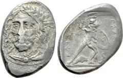 Greek Coins DYNASTS OF LYCIA. Perikles (Circa 380-360 BC). Stater. Antipellos. Obv: Laureate and draped bust facing slightly left. Rev: Warrior in fighting attitude right, holding sword and shield; be