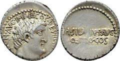 Roman Republican Coins MARK ANTONY. Denarius (32 BC). Athens. M. Junius Silanus, proconsul. Obv: ANTON AVG IMP III COS DES III III V R P C. Bare head right. Rev: M SILANVS AVG / Q PRO COS. Legend in t
