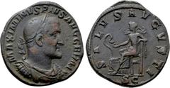 Roman Imperial Coins MAXIMINUS THRAX (235-238). Sestertius. Rome. Obv: MAXIMINVS PIVS AVG GERM. Laureate, draped and cuirassed bust right. Rev: SALVS AVGVSTI / S C. Salus seated left on throne, feedin