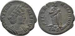 Roman Imperial Coins THEODORA (died before 337). Ae. Treveri. Obv: FL MAX THEODORAE AVG. Mantled bust right. Rev: PIETAS ROMANA / TRS (palm). Pietas standing facing, head right, holding infant in each
