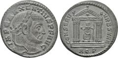 Roman Imperial Coins MAXENTIUS (307-312). Follis. Aquileia. Obv: IMP C MAXENTIVS P F AVG. Laureate head right. Rev: CONSERV VRB SVAE / AQP. Roma seated facing in hexastyle temple, head left, holding g