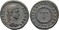 Roman Imperial Coins CRISPUS (Caesar, 316-326). Follis. Siscia. Obv: IVL CRISPVS NOB C. Laureate head right. Rev: CAESARVM NOSTRORVM / ΕSIS (star). VOT / V in two lines within wreath. RIC 161. Conditi