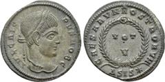 Roman Imperial Coins CRISPUS (Caesar, 316-326). Follis. Siscia. Obv: IVL CRISPVS NOB C. Laureate head right. Rev: CAESARVM NOSTRORVM / ΔSIS (star). VOT / V in two lines within wreath. RIC 161. Conditi