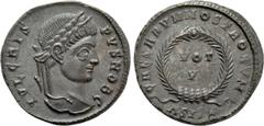 Roman Imperial Coins CRISPUS (Caesar, 316-326). Follis. Siscia. Obv: IVL CRISPVS NOB C. Laureate head right. Rev: CAESARVM NOSTRORVM / ASIS (star). VOT / V in two lines within wreath. RIC 161. Conditi
