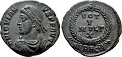 Roman Imperial Coins JOVIAN (363-364). Follis. Heraclea. Obv: D N IOVIANVS P F AVG. Diademed, draped and cuirassed bust left. Rev: VOT / V / MVLT / X / HERAC • A. Legend in 4 lines, all within wreath.