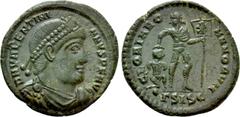 Roman Imperial Coins VALENTINIAN I (364-375). Follis. Siscia. Obv: D N VALENTINIANVS P F AVG. Diademed, draped and cuirassed bust right. Rev: GLORIA ROMANORVM / • Γ SIS C. Emperor advancing right, hol