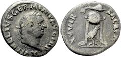 Roman Imperial Coins VITELLIUS (69). Denarius. Rome. Obv: A VITELLIVS GERMANICVS IMP. Bare head right. Rev: XV VIR SACR FAC. Tripod, dolphin on top, raven on strut between legs. RIC 70. Condition: Fin