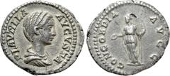 Roman Imperial Coins PLAUTILLA (Augusta, 202-205). Denarius. Rome. Obv: PLAVTILLA AVGVSTA. Draped bust right. Rev: CONCORDIA AVGG. Concordia standing left, holding patera and sceptre. RIC 363a (Caraca