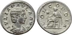 Roman Imperial Coins JULIA PAULA (Augusta, 219-220). Denarius. Antioch. Obv: IVLIA PAVLA AVG. Draped bust right. Rev: CONCORDIA. Concordia seated left on throne, holding patera; star to left. RIC 211 