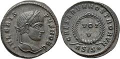 Roman Imperial Coins CRISPUS (Caesar, 316-326). Follis. Siscia. Obv: IVL CRISPVS NOB C. Laureate head right. Rev: CAESARVM NOSTRORVM / ASIS (star). VOT / V in two lines within wreath. RIC 161. Conditi