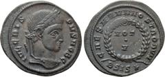 Roman Imperial Coins CRISPUS (Caesar, 316-326). Follis. Siscia. Obv: IVL CRISPVS NOB C. Laureate head right. Rev: CAESARVM NOSTRORVM / BSIS (star). VOT / V in two lines within wreath. RIC 161. Conditi