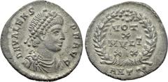 Roman Imperial Coins VALENS (364-378). Siliqua. Antioch. Obv: D N VALENS P F AVG. Diademed, draped and cuirassed bust right. Rev: VOT / X / MVLT / XX / ANT • •. Legend in four lines within wreath. RIC