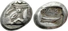 Greek Coins LYCIA. Phaselis. Stater (Circa 500-440 BC). Obv: Prow of galley left in the form of forepart of boar. Rev: ΦΑΣ. Stern of galley right within incuse square. Heipp-Tamer Series 68-70. Condit