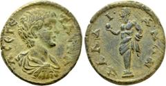 Roman Provincial Coins LYDIA. Daldis. Geta (Caesar, 198-209). Ae. Obv: Λ ΓETAC KA. Bareheaded, draped and cuirassed bust right. Rev: ΔAΛΔIANΩN. Herakles and the apples of the Hesperides. SNG von Auloc