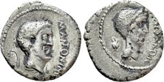 Roman Republican Coins MARK ANTONY and JULIUS CAESAR. Denarius (43 BC). Mint traveling with Antony in Cisalpine Gaul. Obv: CAESAR DIC. Bare head of Julius Caesar right; capis to left. Rev: M ANTON IMP