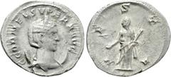 Roman Imperial Coins CORNELIA SUPERA (Augusta, 253). Antoninianus. Rome. Obv: C CORNEL SVPERA AVG. Draped bust right, wearing stephane and set on crescent. Rev: VESTA. Vesta standing facing, head left