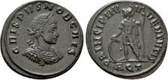 Roman Imperial Coins CRISPUS (Caesar, 316-326). Follis. Aquileia. Obv: CRISPVS NOB CAES. Laureate, draped and cuirassed bust right. Rev: PRINCIPIA IVVENTVTIS / AQT. Crispus standing left in military a