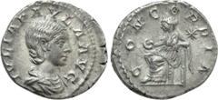 Roman Imperial Coins JULIA PAULA (Augusta, 219-220). Denarius. Rome. Obv: IVLIA PAVLA AVG. Draped bust right. Rev: CONCORDIA. Concordia seated left on throne, holding patera; star to right. RIC 211 (E