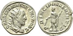 Roman Imperial Coins HERENNIUS ETRUSCUS (Caesar, 249-251). Antoninianus. Rome. Obv: Q HER ETR MES DECIVS NOB C. Radiate and draped bust right. Rev: PRINCIPI IVVENTVTIS. Herennius Etruscus standing lef