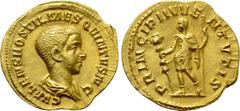 Roman Imperial Coins HOSTILIAN (Caesar, 250-251). Aureus. Rome. Obv: C VALENS HOSTIL MES QVINTVS N C. Barehead and draped bust right. Rev: PRINCIPI IVVENTVTIS. Hostilian standing left, holding signum 