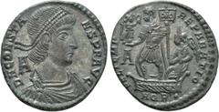 Roman Imperial Coins CONSTANS (337-350). Ae. Aquileia. Obv: D N CONSTANS P F AVG. Diademed, draped and cuirassed bust right. Rev: FEL TEMP REPARATIO / A / AQR •. Constans standing left in galley, hold