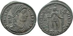Roman Imperial Coins CONSTANTIUS II (337-361). Ae. Siscia. Obv: D N CONSTANTIVS P F AVG. Diademed, draped and cuirassed bust right; A to left. Rev: CONCORDIA MILITVM / •ESIS✷. Constantius standing fac