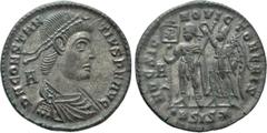 Roman Imperial Coins CONSTANTIUS II (337-361). Ae. Siscia. Obv: D N CONSTANTIVS P F AVG. Diademed, draped and cuirassed bust right; A to left. Rev: HOC SIGNO VICTOR ERIS / •BSIS✷. Constantius standing