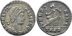 Roman Imperial Coins GRATIAN (367-383). Siliqua. Treveri. Obv: D N GRATIANVS P F AVG. Diademed, draped and cuirassed bust right. Rev: VRBS ROMA / TRPS. Roma seated left on cuirass, holding spear and v