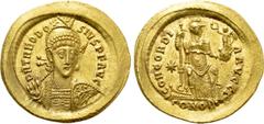 Roman Imperial Coins THEODOSIUS I (379-395). GOLD Solidus. Constantinople. Obv: D N THEODOSIVS P F AVG. Diademed, helmeted and cuirassed bust facing slightly right, holding spear and shield decorated 