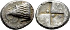 Greek Coins PAPHLAGONIA. Sinope. Drachm (Circa 490-425 BC). Obv: Head of sea-eagle left, with 'talon'; below, dolphin left. Rev: Quadripartite stippled incuse square. SNG BM Black Sea 1359-66 var. (re