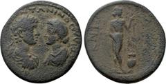 Roman Provincial Coins CARIA. Cnidus. Caracalla with Plautilla (198-217). Ae. Obv: [...] ANTΩNINOC[...]. Laureate, draped and cuirassed bust of Caracalla and draped bust of Plautilla facing one anothe
