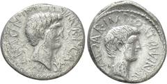 Roman Republican Coins MARK ANTONY and OCTAVIAN. Denarius (41 BC). Military mint travelling with Mark Antony. Obv: M ANTON IMP III VIR R P C AVG. Bare head of Mark Antony right. Rev: CAESAR IMP PONT I