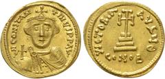 Byzantine Coins CONSTANS II (641-668). GOLD Solidus. Constantinople. Obv: δ N CONSTANTINЧS P P AV. Crowned and draped bust facing, holding globus cruciger. Rev: VICTORIA AVGЧ Θ / CONOB. Cross potent s