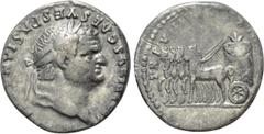 Roman Imperial Coins TITUS (79-81). Denarius. Rome. "Judaea Capta" commemorative. Obv: IMP TITVS CAES VESPASIAN AVG P M. Laureate head right. Rev: TR P VIIII IMP XIIII COS VII P P. Slow quadriga left,