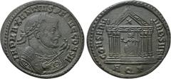 Roman Imperial Coins MAXENTIUS (307-312). Follis. Aquileia. Obv: IMP MAXENTIVS P F AVG CONS II. Laureate and mantled bust right, holding eagle-tipped sceptre. Rev: CONSERV VRB SVAE / AQ Γ. Roma seated