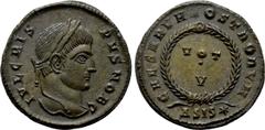 Roman Imperial Coins CRISPUS (Caesar, 316-326). Follis. Siscia. Obv: IVL CRISPVS NOB C. Laureate head right. Rev: CAESARVM NOSTRORVM / ΔSIS (star). VOT / V in two lines within wreath. RIC 161. Conditi