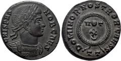 Roman Imperial Coins CRISPUS (Caesar, 316-326). Follis. Ticinum. Obv: CRISPVS NOB CAES. Laureate and cuirassed bust right. Rev: DOMINOR NOSTROR CAESS / (crescent) T T. VOT X within wreath. RIC 170. Co