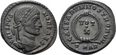 Roman Imperial Coins CRISPUS (Caesar, 316-326). Follis. Arelate. Obv: CRISPVS NOB CAES. Laureate head right. Rev: CAESARVM NOSTRORVM / T (star) AR. VOT / X in two lines within wreath. RIC 254. Conditi