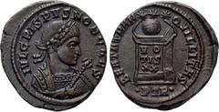 Roman Imperial Coins CRISPUS (Caesar, 316-326). Follis. Treveri. Obv: IVL CRISPVS NOB CAES. Laureate bust right, wearing trabea and holding eagle-tipped sceptre. Rev: BEATA TRANQVILLITAS / •PTR•. Glob