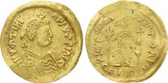 Migration Period LOMBARDS. Pseudo-Imperial Coinage (circa 6th century AD). GOLD Tremissis. In the name of Justinian I.. Obv: D N IVSTINIANVS P F AVG. Diademed, draped and cuirassed bust right. Rev: VI