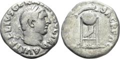 Roman Imperial Coins VITELLIUS (69). Denarius. Rome. Obv: A VITELLIVS GERM IMP AVG TR P. Laureate head right. Rev: XV VIR SACR FAC. Tripod surmounted by dolphin right; below, raven right. RIC² 109. Co